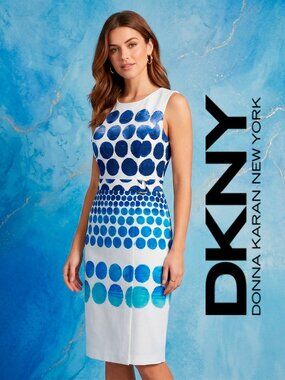 NEW DKNY White Blue Polka Dot Sleeveless Belted Dress
